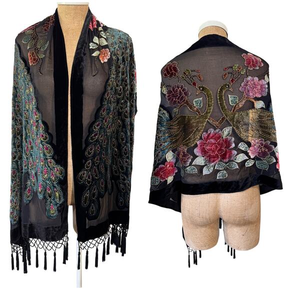 Beaded Peacock Burnout Velvet Gorgeous Novelty Scarf Wrap Shawl 100% Silk Black - Picture 1 of 10